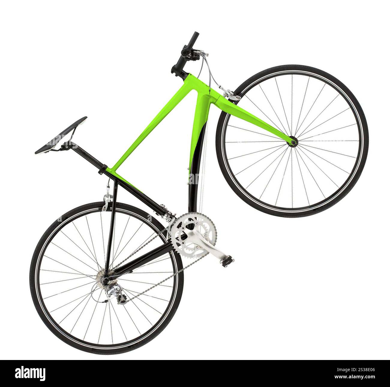 Grünes Bike auf weißem Hintergrund. Umweltfreundliches Motorrad isoliert Stockfoto