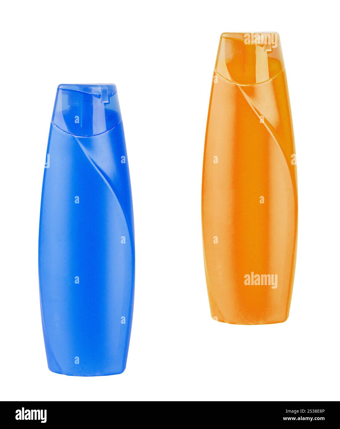 Blaue und gelbe Kunststoffflaschen isoliert auf weißem Hintergrund. Blaue und gelbe Kunststoffflaschen Stockfoto