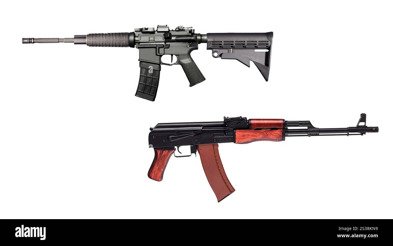 ak47 und m16 isoliert auf weißem Hintergrund Stockfoto
