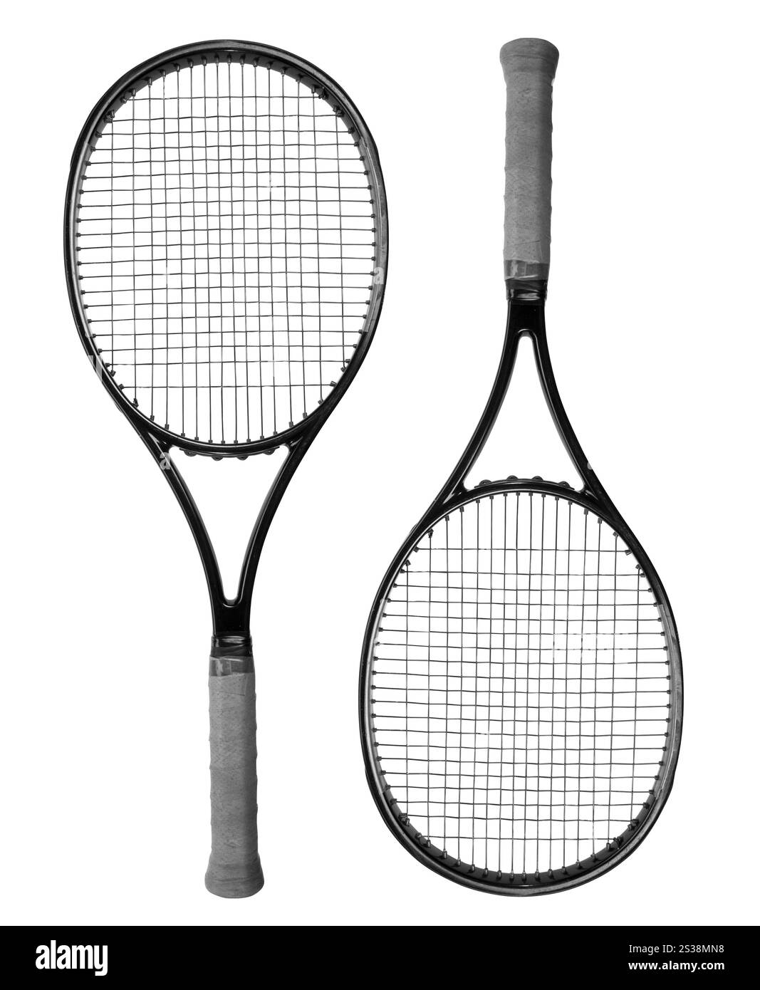 Nahaufnahme eines Tennisschlägers isoliert auf weißem Hintergrund. Nahaufnahme eines Tennisschlägers Stockfoto