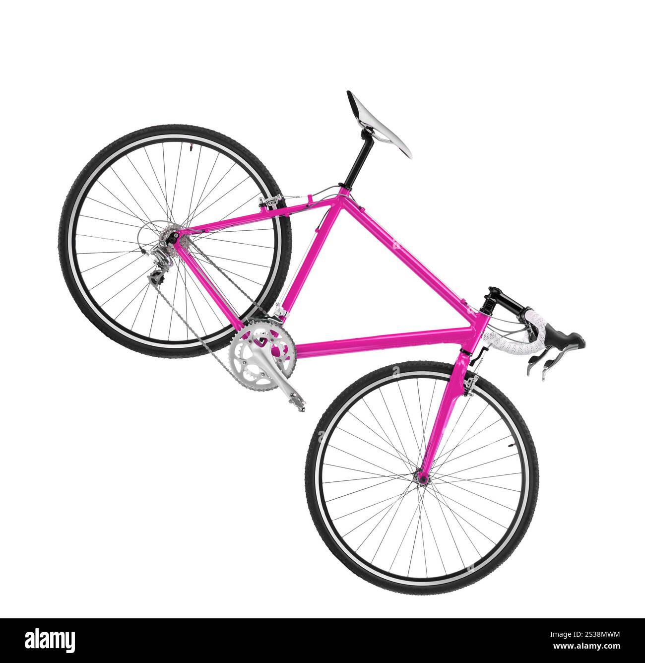 Rosafarbenes Sportfahrrad auf weißem Hintergrund. Rosafarbenes Sportfahrrad Stockfoto