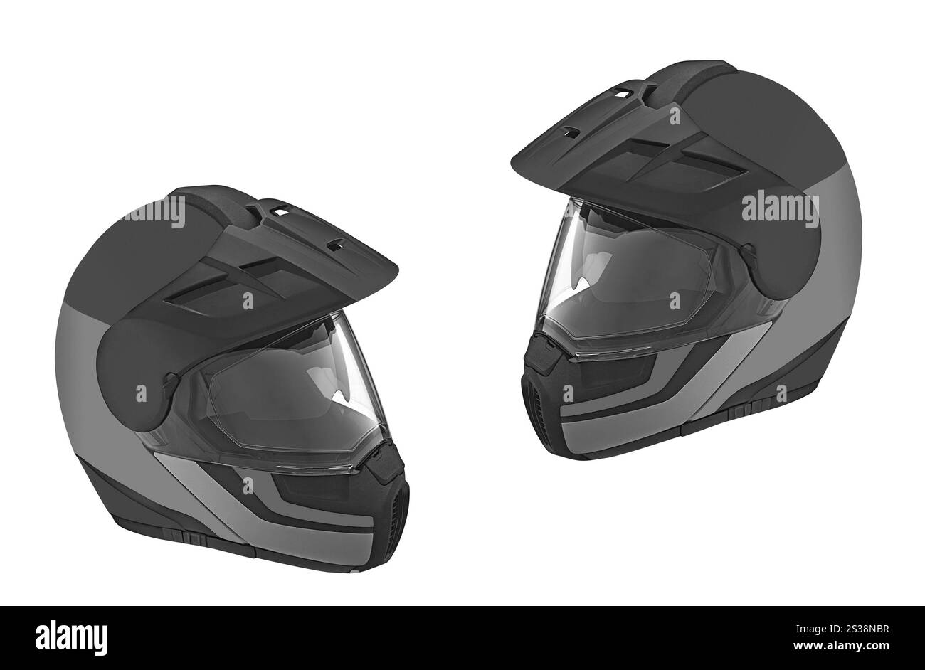 Motorradhelm für Straßensicherheit isoliert auf weißem Hintergrund. Motorradhelm für die Sicherheit im Straßenverkehr Stockfoto