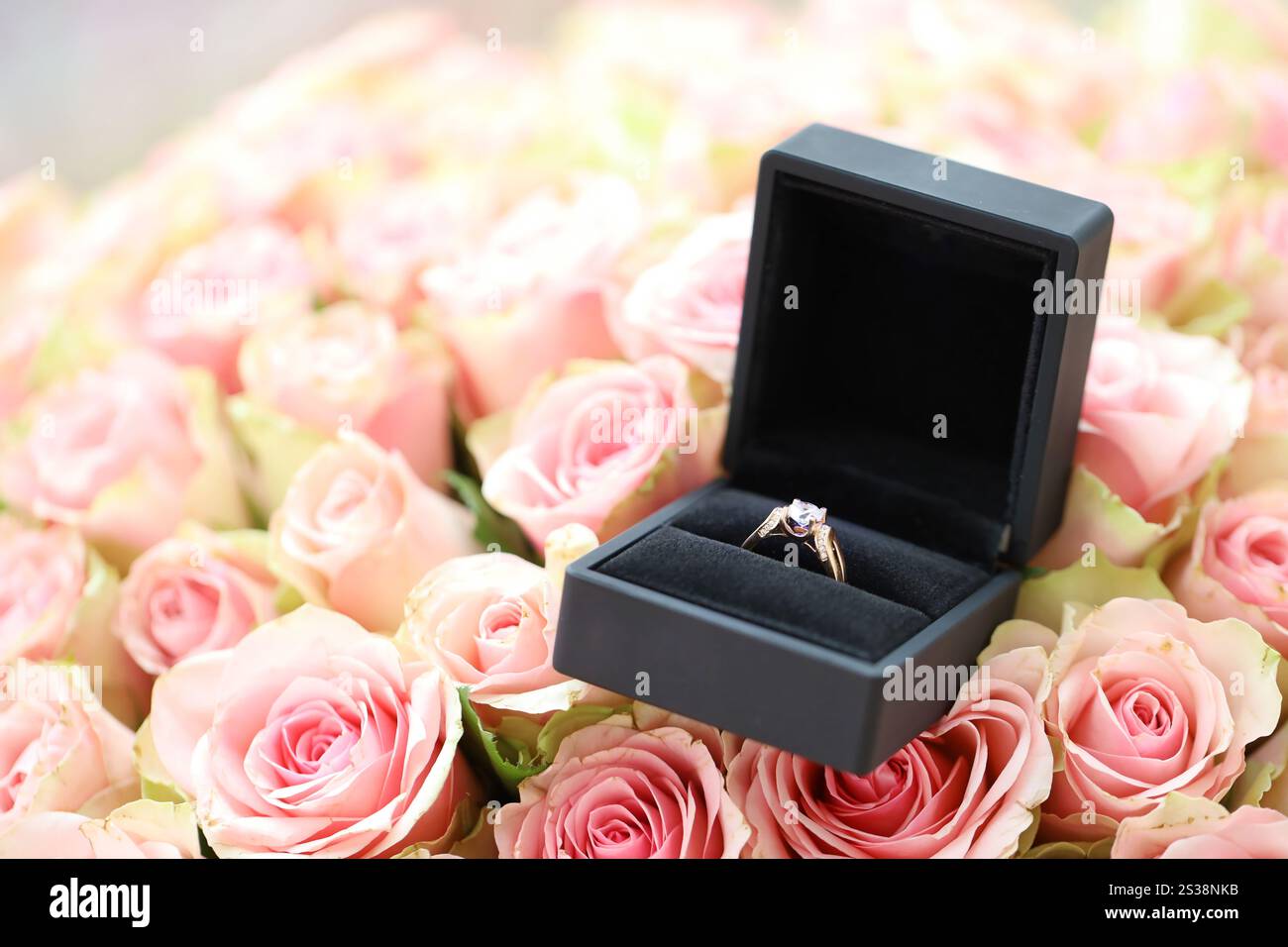 Goldener Diamant-Verlobungsring im Black Box-Gehäuse zwischen einer großen Menge Rosen im großen Blumenstrauß Nahaufnahme mit verschwommenem Hintergrund. Gold Diamant-Einsatz Stockfoto