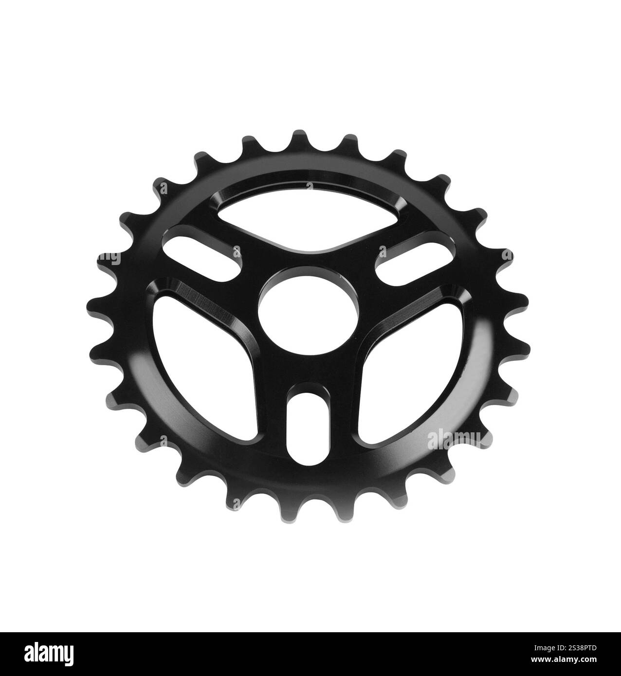 Fahrradausrüstung, Zahnrad aus Metall isoliert auf weißem Hintergrund. Fahrradausrüstung, Zahnrad aus Metall Stockfoto