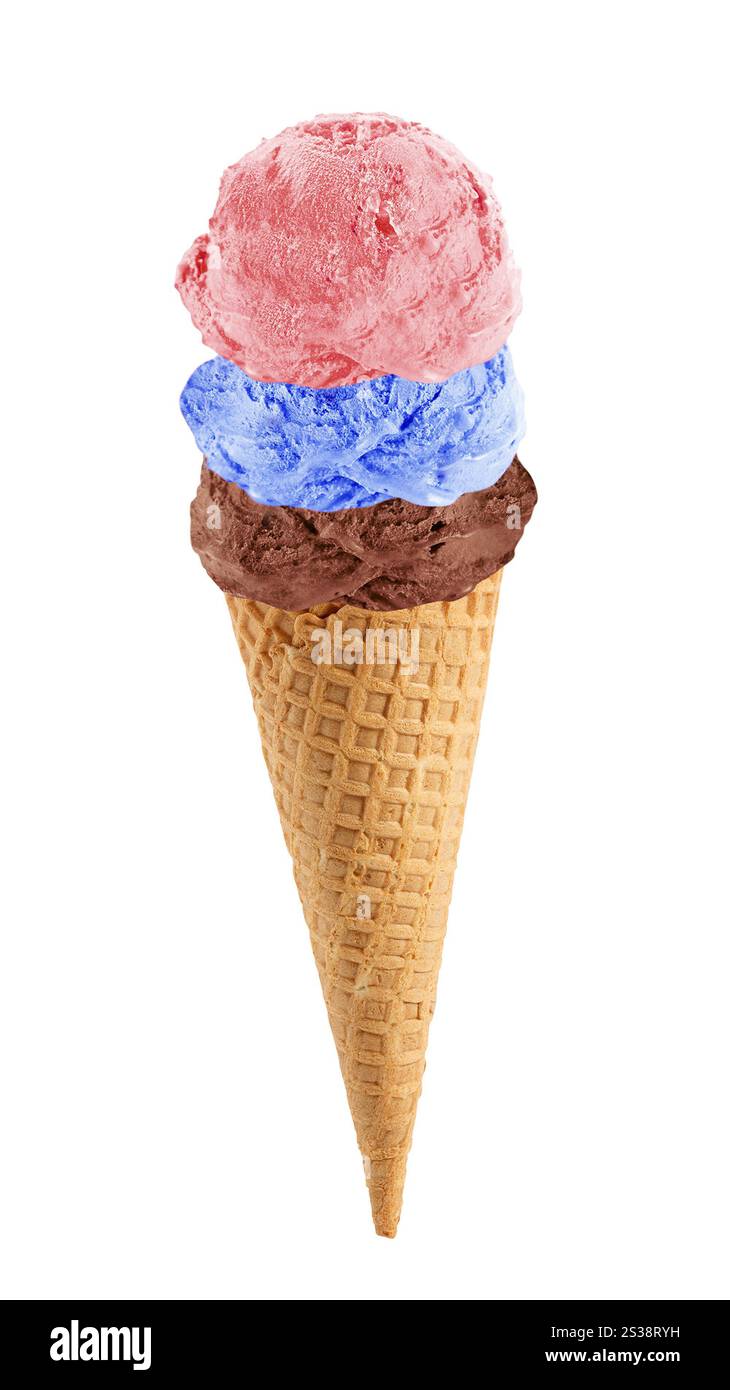 Drei Eislöffel mit verschiedenen Geschmacksrichtungen, isoliert auf weißem Hintergrund. Drei Eislöffel mit verschiedenen Geschmacksrichtungen Stockfoto