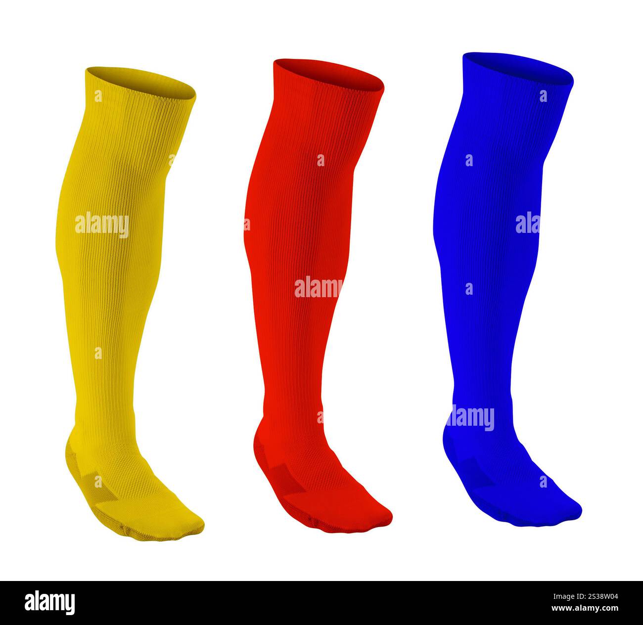 Gelbe, rote und blaue Fußballsocken isoliert auf weißem Hintergrund. Gelbe, rote und blaue Fußballsocken Stockfoto