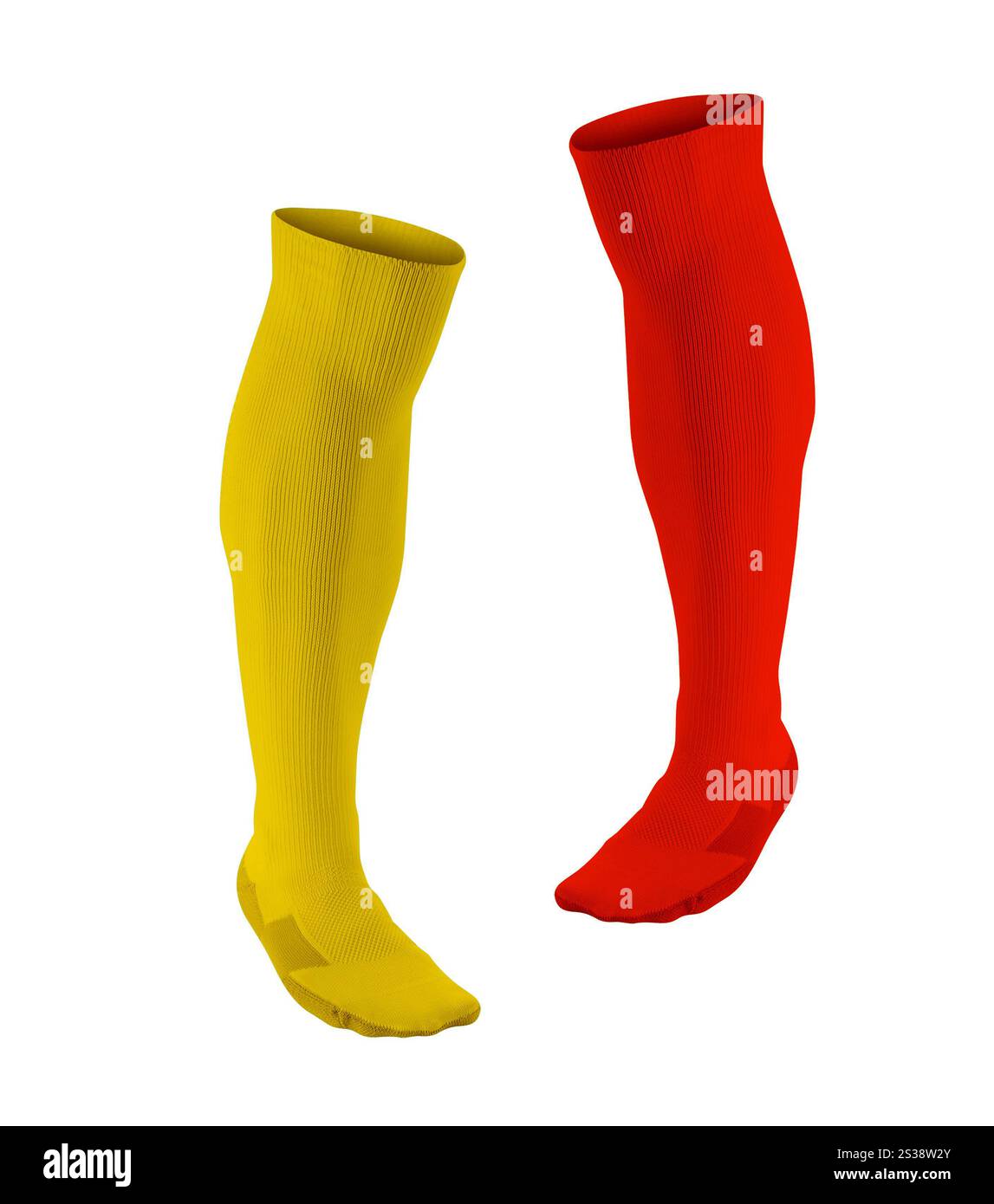 Gelbe und rote Fußballsocken isoliert auf weißem Hintergrund. Gelbe und rote Fußballsocken Stockfoto