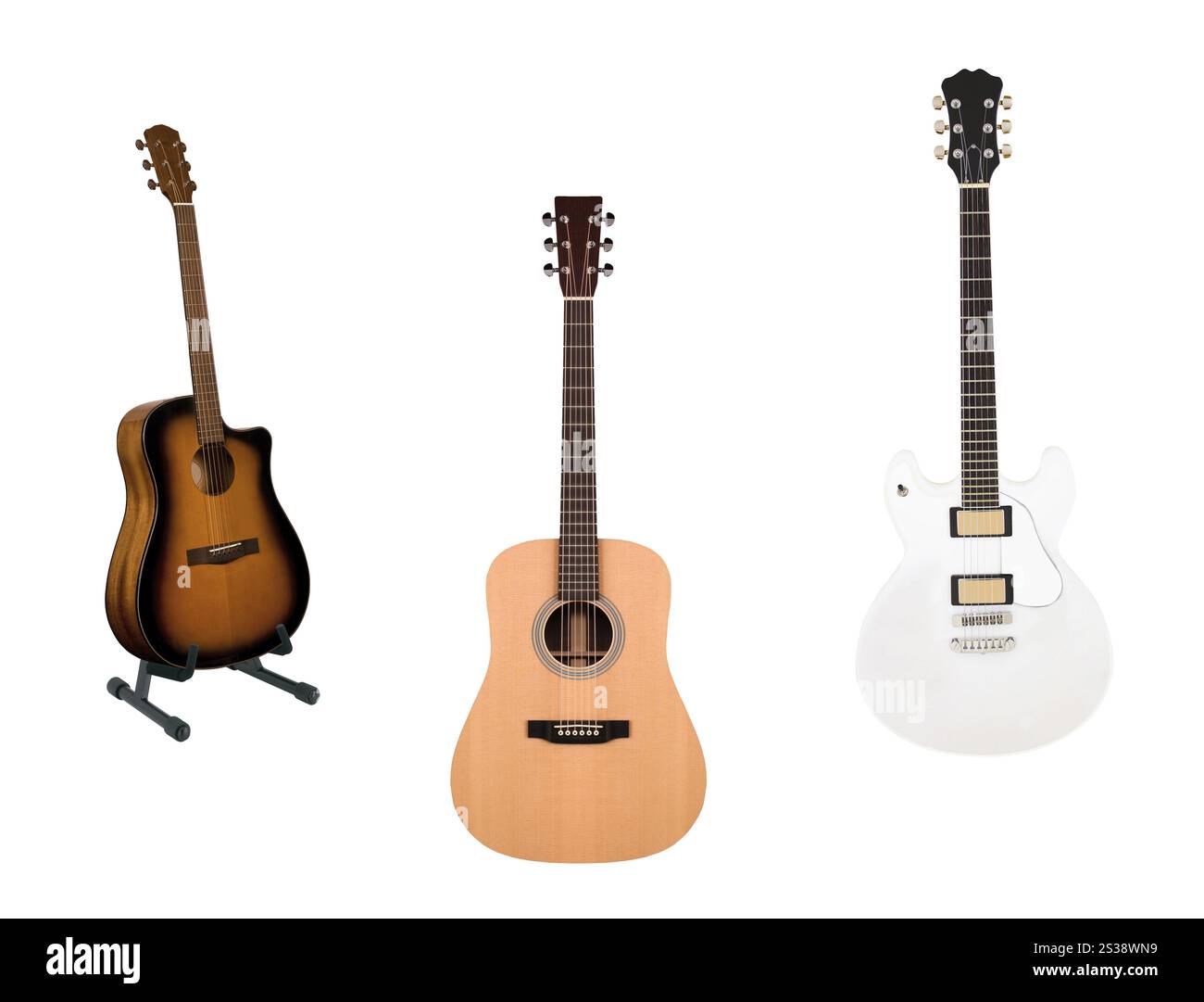 Verschiedene Typen Gitarren isoliert Stockfoto