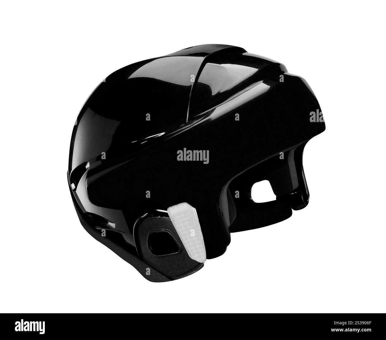 Schwarzer Hockeyhelm auf weißem Hintergrund Stockfoto