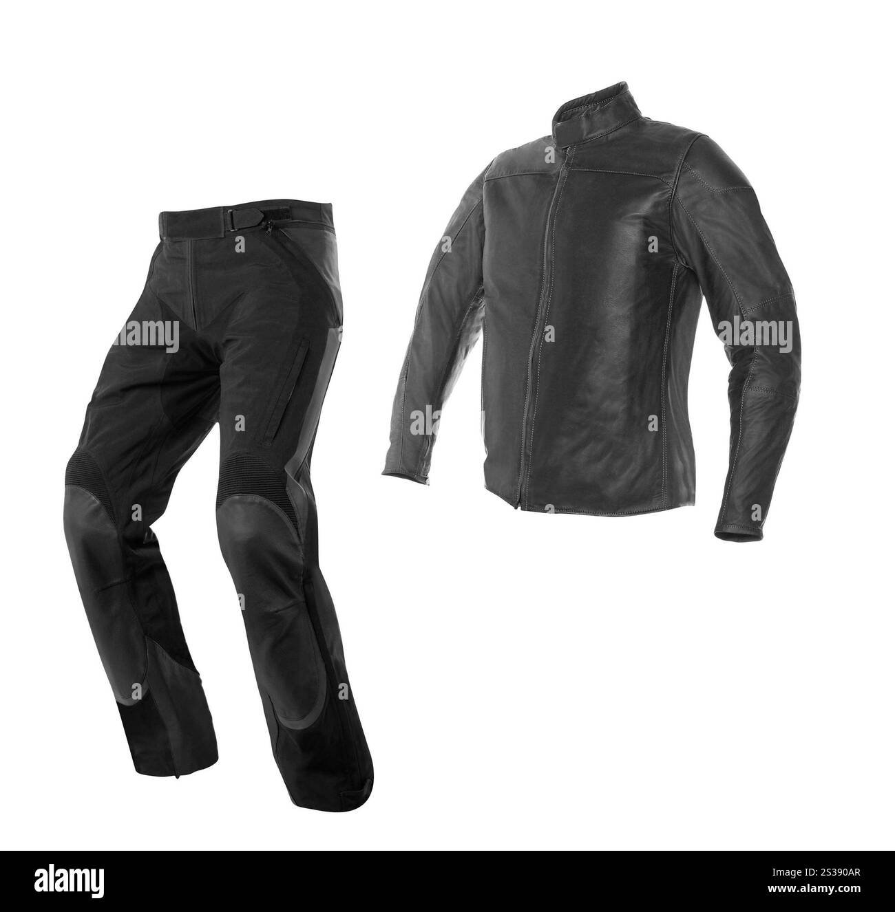 Schwarze Lederhose und Jacke isoliert auf weißem Hintergrund Stockfoto