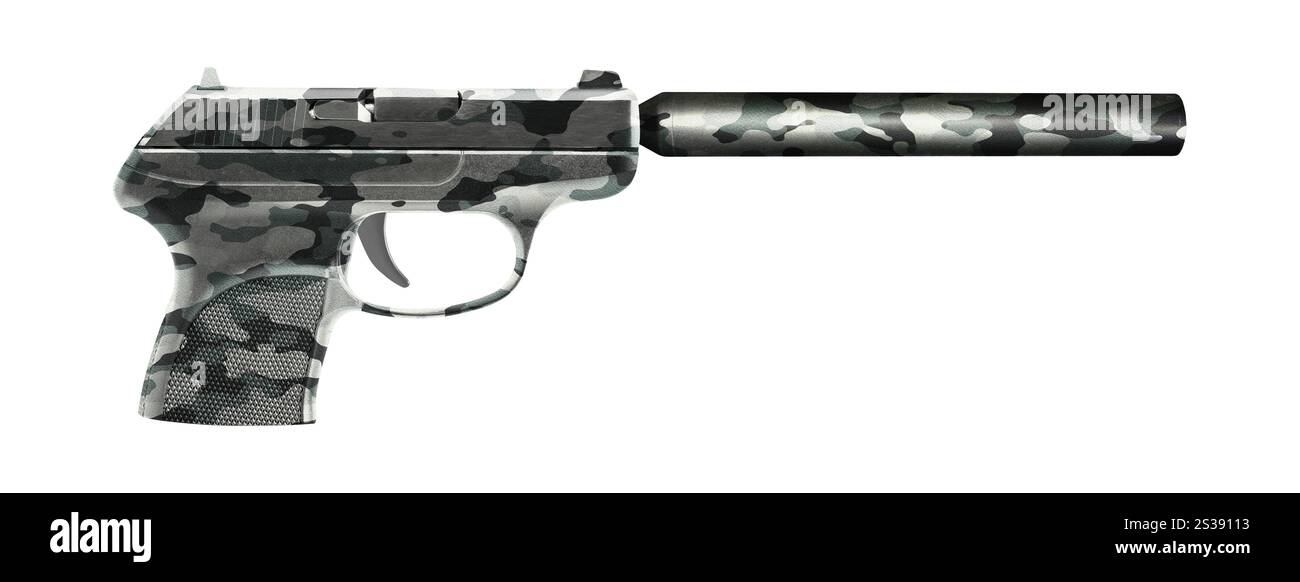 Pistole mit einem Schalldämpfer isoliert auf weiß Stockfoto