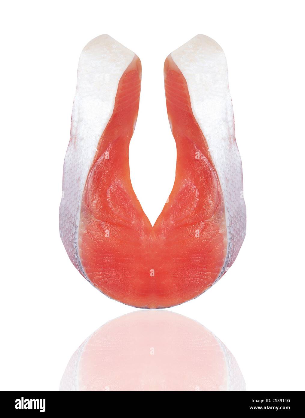 Lachssteak roter Fisch auf weißem Hintergrund Stockfoto