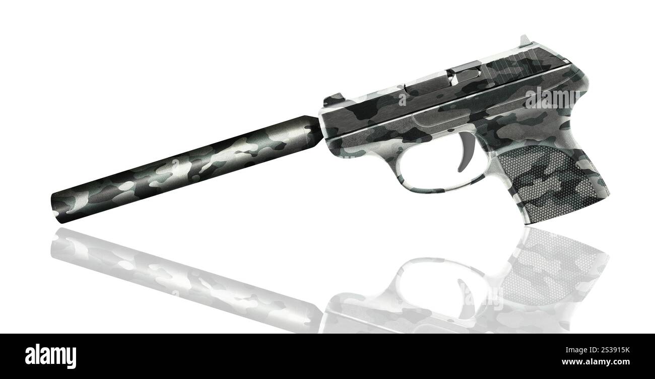 Pistole mit einem Schalldämpfer isoliert auf weiß Stockfoto