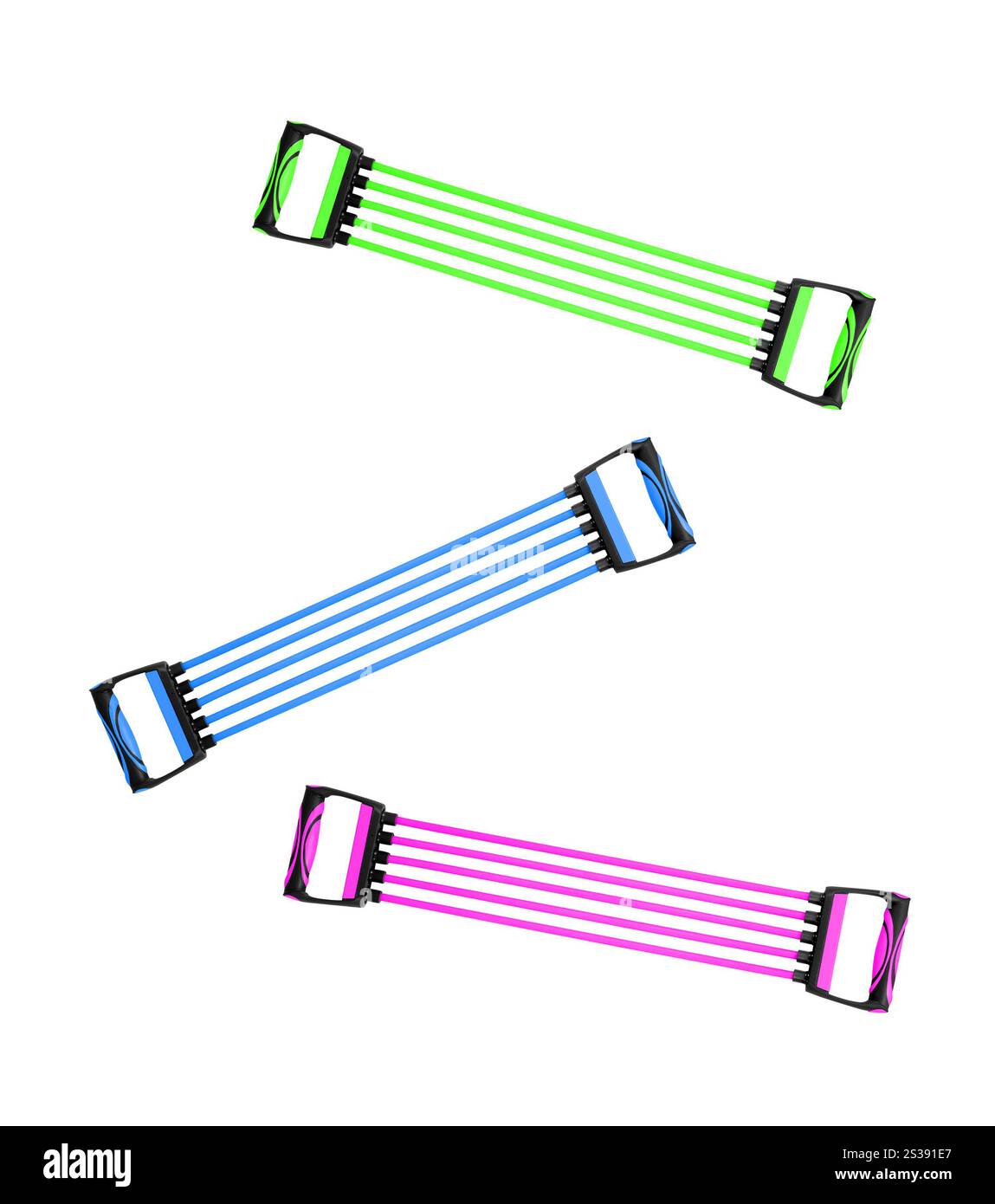 Thoraxexpander mit blauem Griff isoliert. Brustvergrößerung mit blauem und rosafarbenem Griff Stockfoto