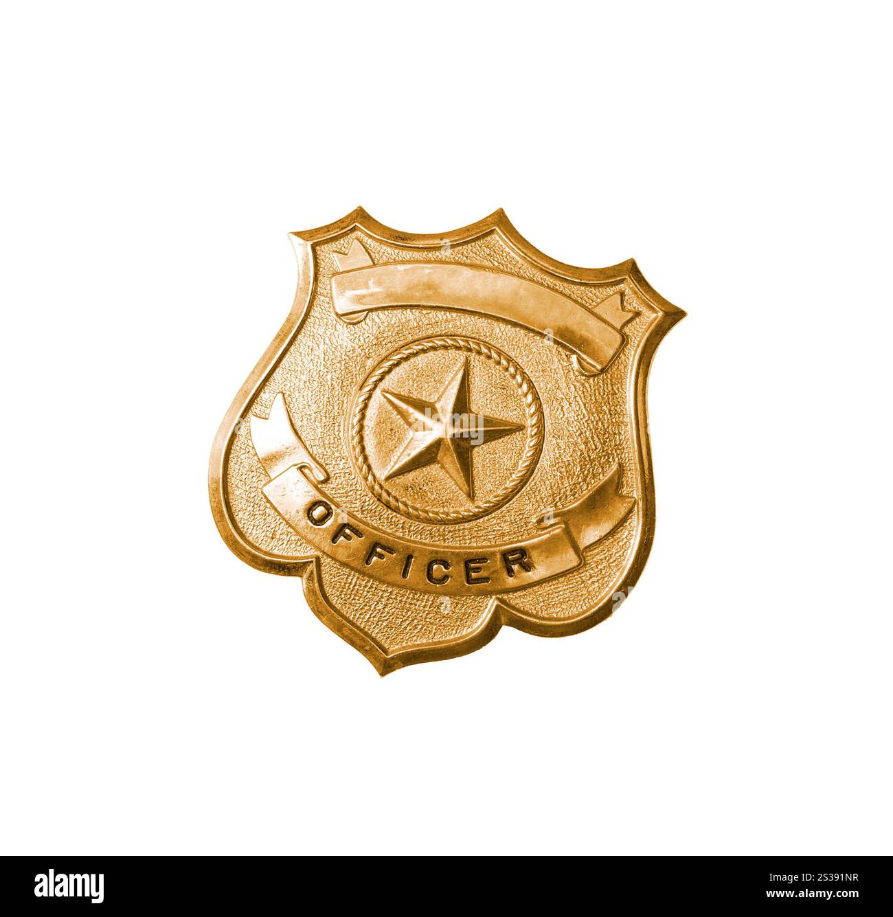Goldenes Polizeiabzeichen isoliert auf weißem Hintergrund. Goldenes Polizeiabzeichen Stockfoto