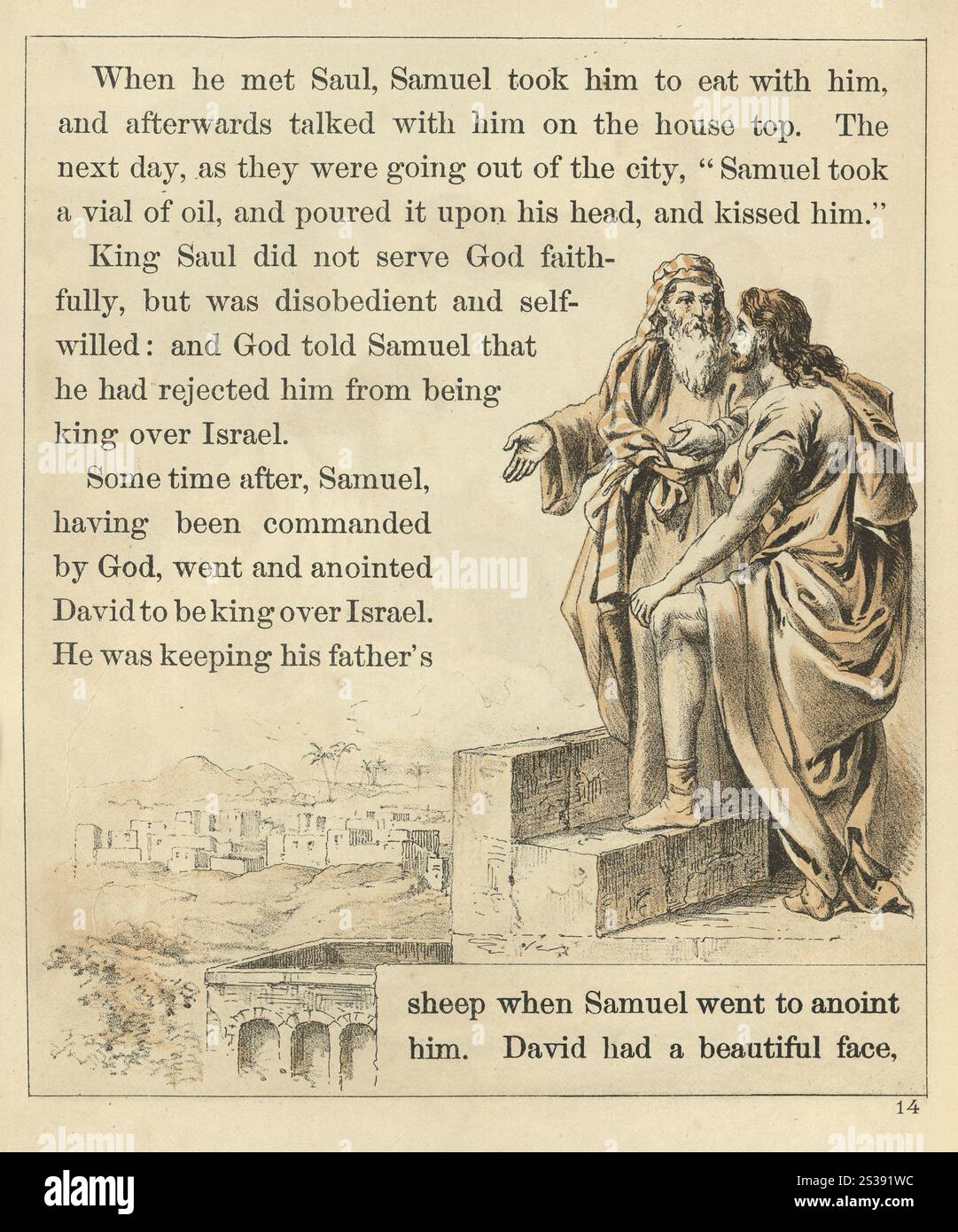 Vintage-Illustration von Bibel, Samuel und Saul auf dem Haus Stockfoto