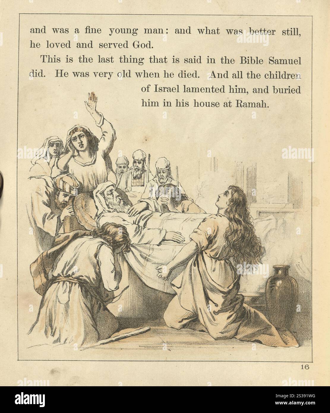 Vintage-Illustration der Bibel, der Tod von Samuel, alle Kinder Israels beklagten ihn Stockfoto