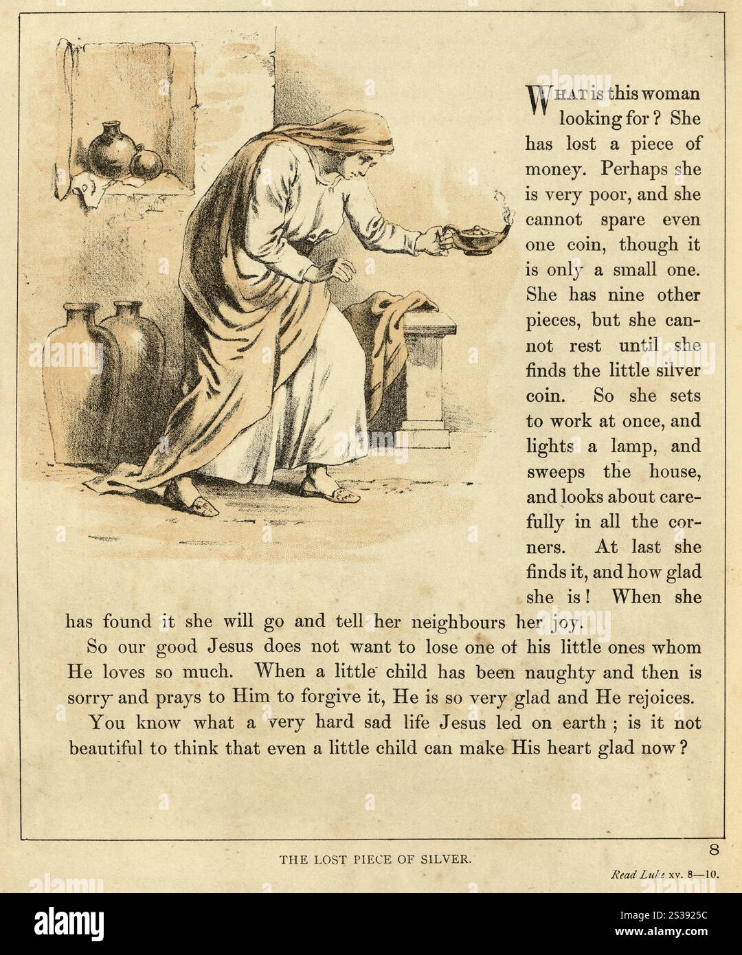 Parabel von der verlorenen Münze, Lukas 15:8–10, Bibel, religiöse Illustration, viktorianisches 19. Jahrhundert Stockfoto Parabel von der verlorenen Münze, Lukas 15:8–10, Bibel, religiöse Illustration, viktorianisches 19. Jahrhundert Stockfoto