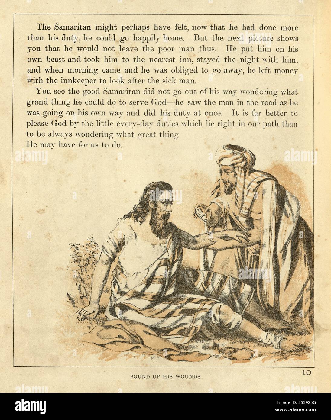 Gleichnis vom barmherzigen Samariter, gebunden seine Wunden, Bibel, religiöse Illustration, viktorianisches 19. Jahrhundert Stockfoto Gleichnis vom barmherzigen Samariter, gebunden seine Wunden, Bibel, religiöse Illustration, viktorianisches 19. Jahrhundert Stockfoto