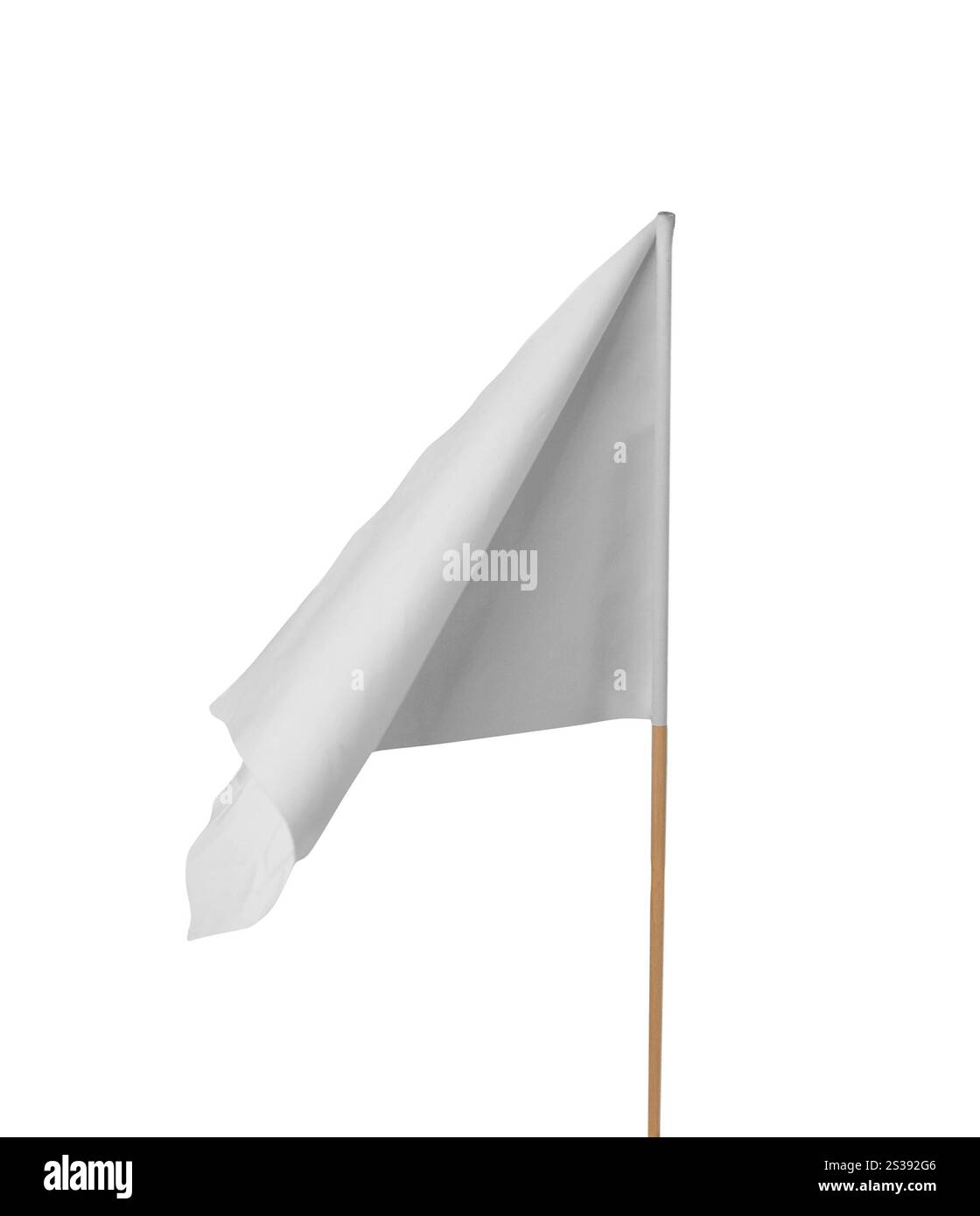 Leere weiße Flagge. Isoliert auf weißem Hintergrund. Leere weiße Flagge Stockfoto