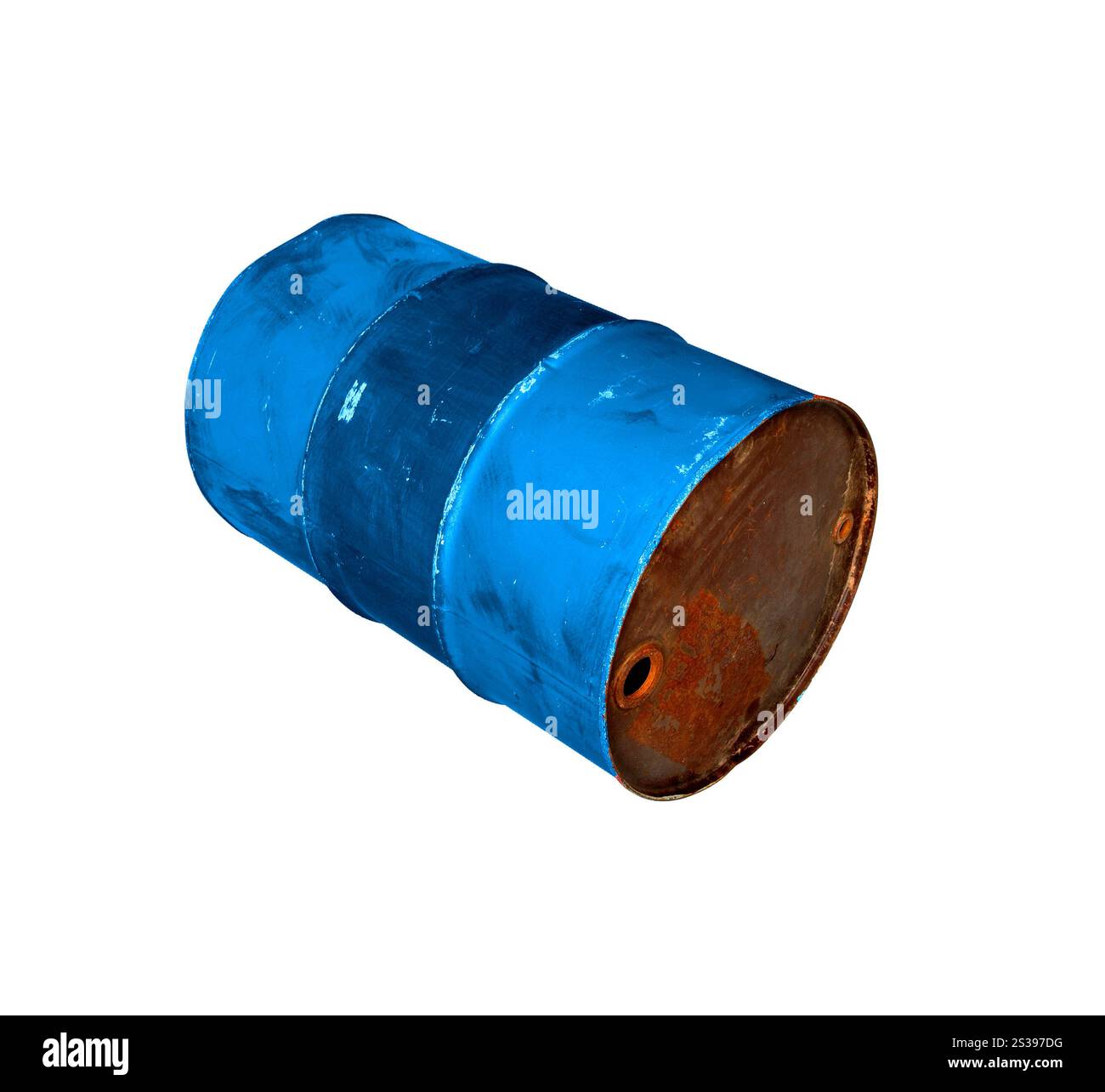 Altes Metallfass-Öl isoliert auf weißem Hintergrund Stockfoto