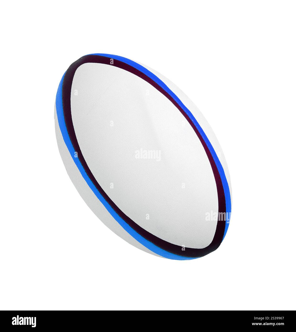 Foto eines Rugbyballs aus weißem Leder, isoliert auf weißem Hintergrund. Foto eines Rugby-Balls aus weißem Leder Stockfoto
