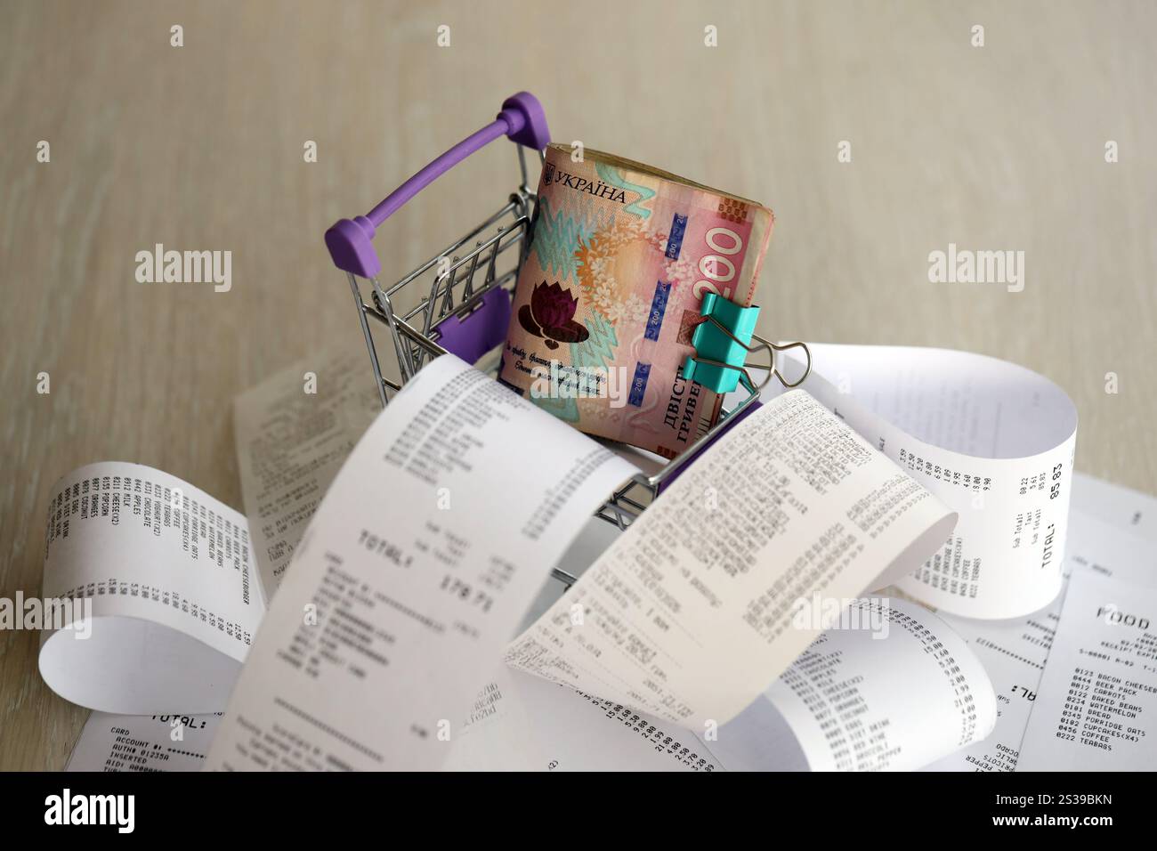 Ukrainische Hrywnja-Geldscheine im Einkaufswagen, umgeben von vielen Papierquittungen aus nächster Nähe. Ukrainische Hrywnja-Geldscheine beim Einkaufen Stockfoto