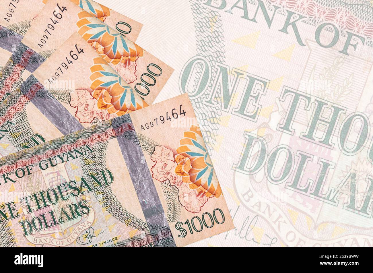 1000 Guyana-Dollarscheine liegen auf dem Hintergrund großer halbtransparenter Banknoten im Stapel. Abstrakter Geschäftshintergrund mit Kopierraum. 1000 Guyana Stockfoto