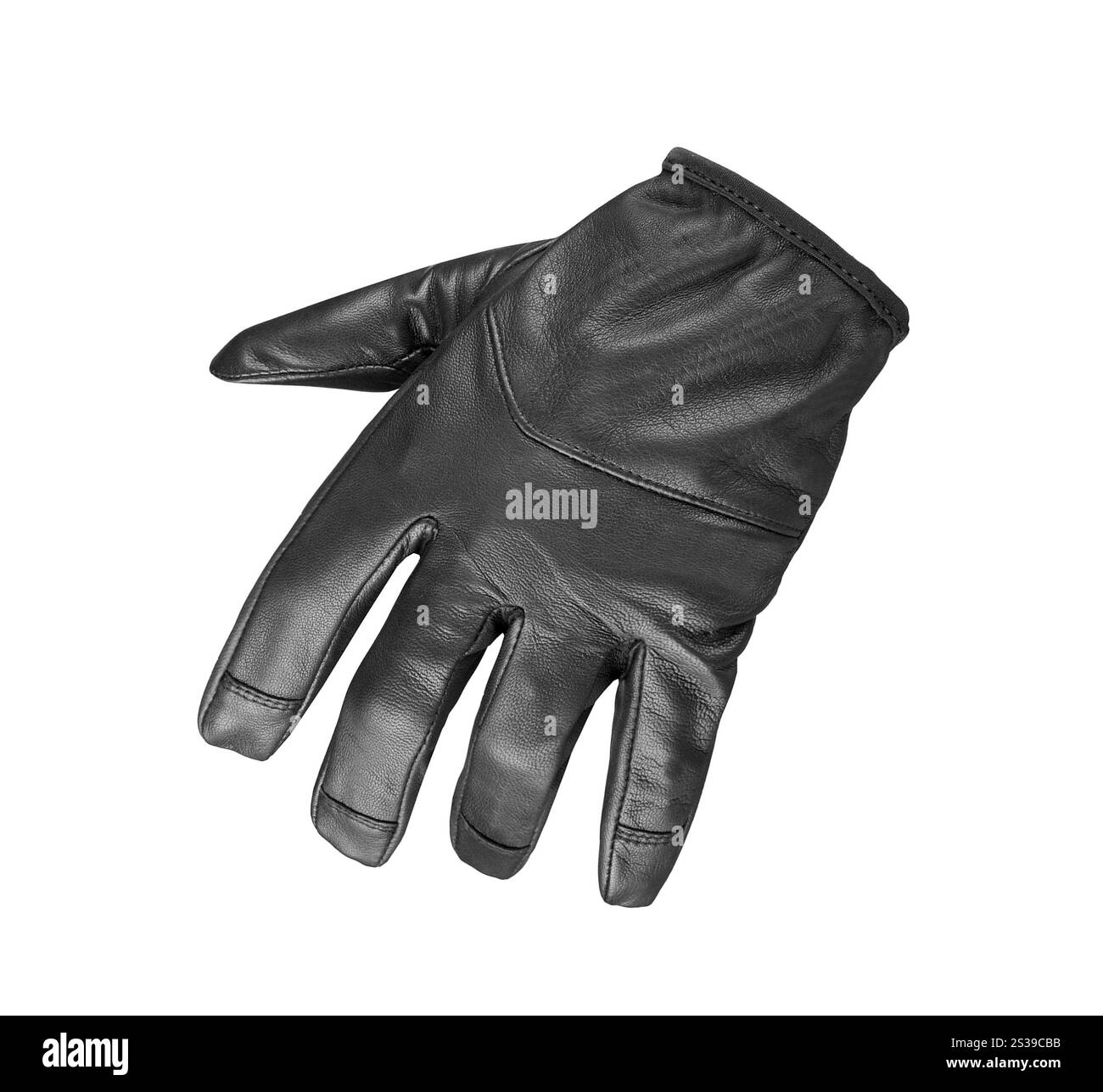 Schwarzer Lederhandschuh isoliert auf weißem Hintergrund. Schwarzer Lederhandschuh Stockfoto