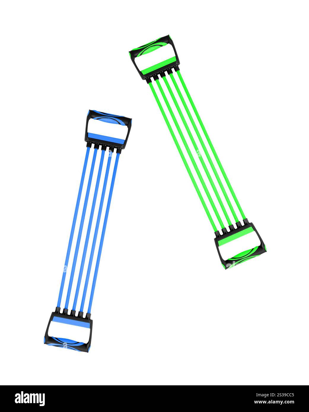 Thoraxexpander mit blauem Griff isoliert. Brustvergrößerung mit blauem und rosafarbenem Griff Stockfoto