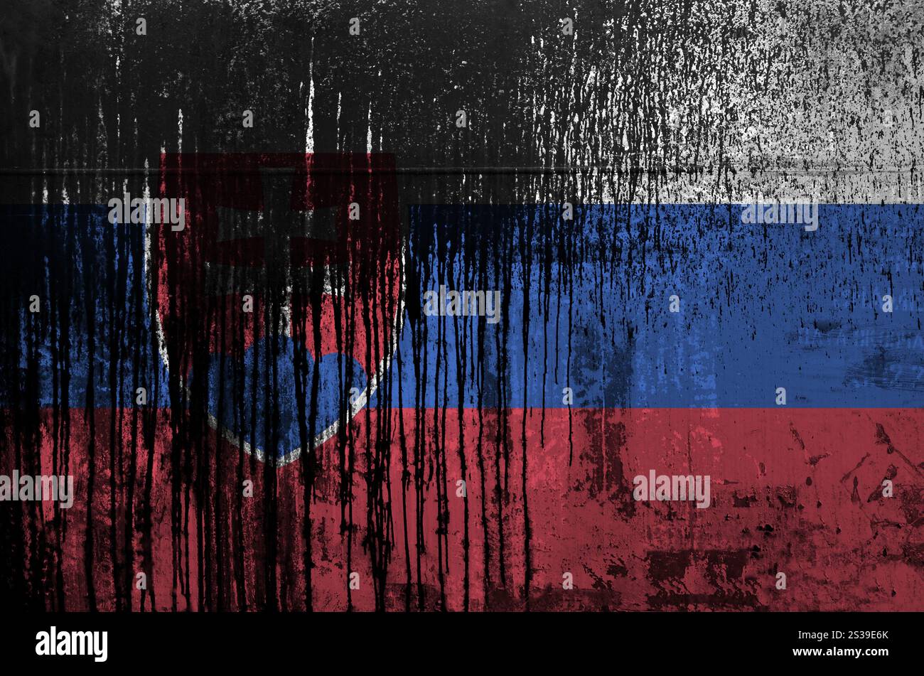 Slowakei Flagge in Malfarben auf alten und schmutzigen Ölfasswänden in Nahaufnahme dargestellt. Strukturiertes Banner auf rauem Hintergrund. Die slowakische Flagge ist in dargestellt Stockfoto
