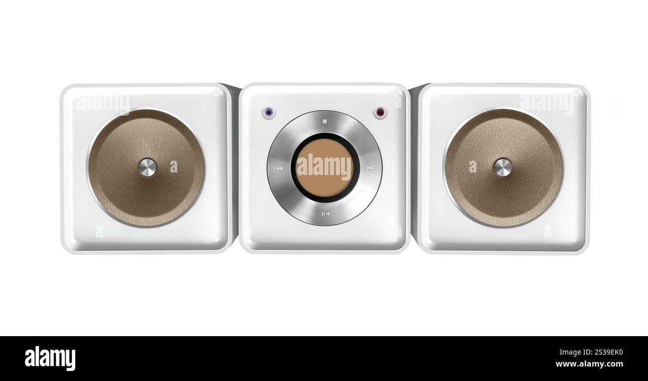 hifi-Player mit isolierten Lautsprechern auf weißem Hintergrund. hifi-Player mit isolierten Lautsprechern auf weiß Stockfoto