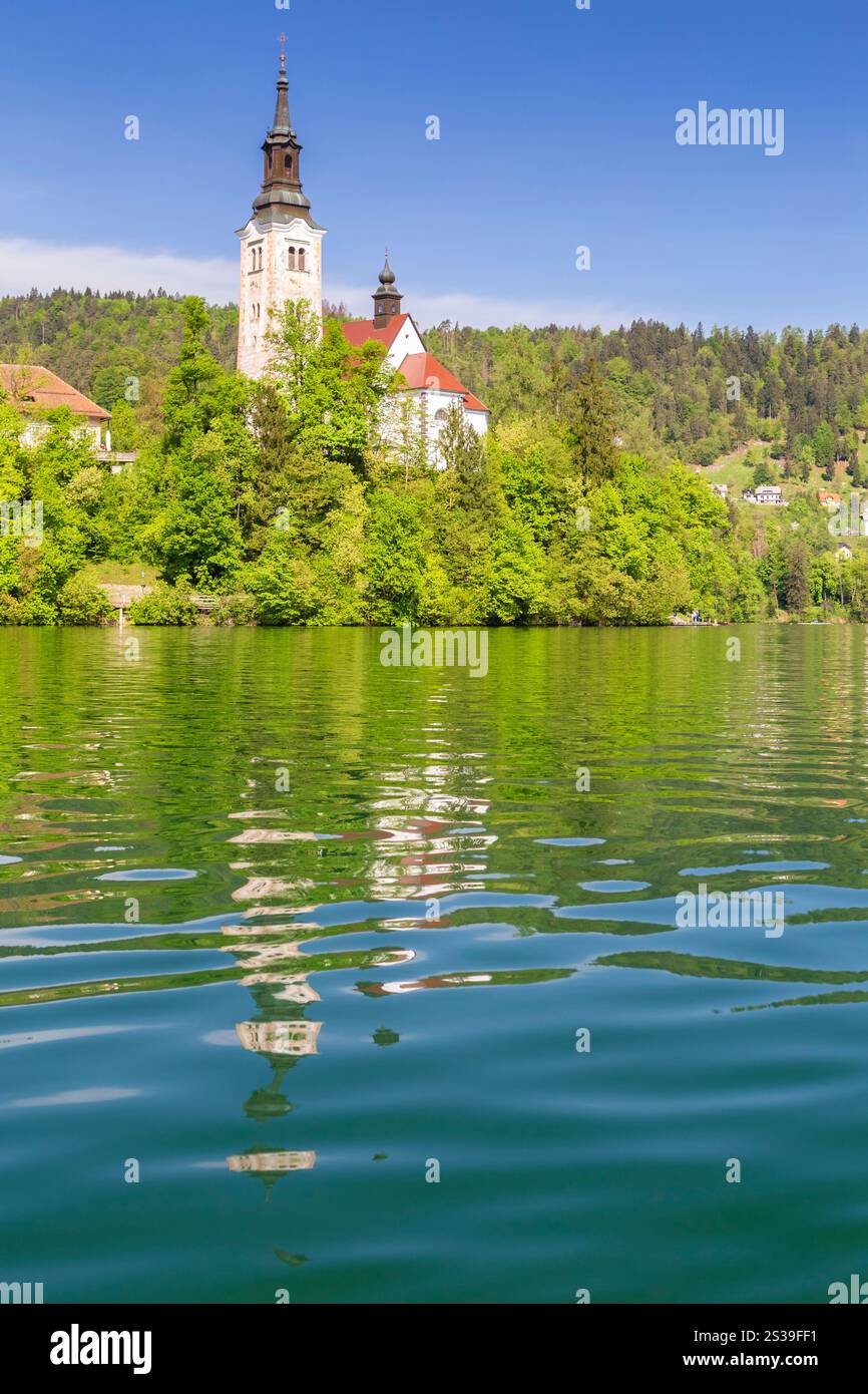 Blick auf die Bled Kirche und die Insel am Bleder See. Bled, Oberkarniola, Slowenien. Stockfoto