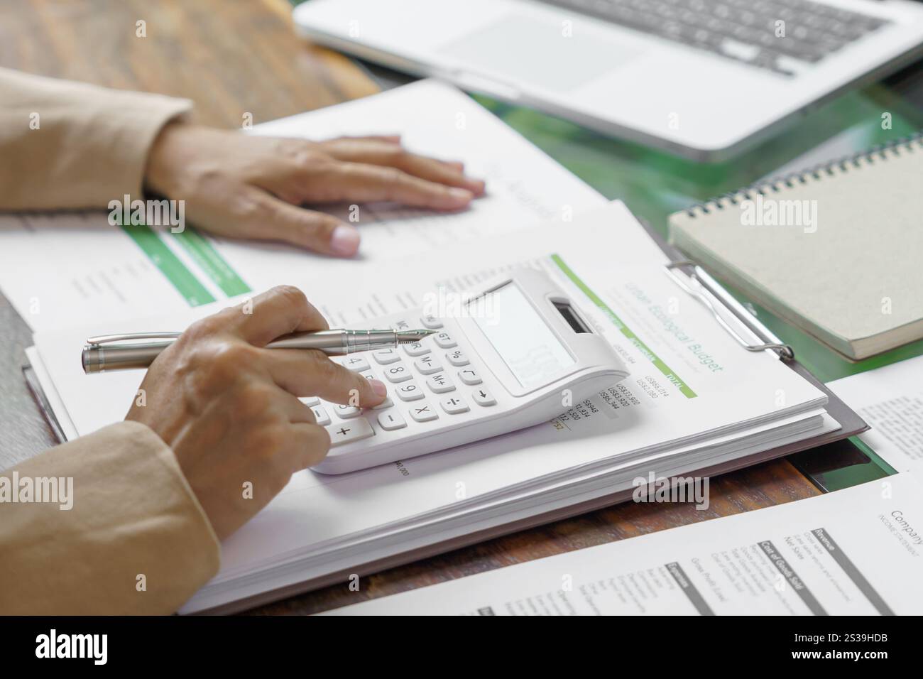 Geschäftsfrau arbeitet in grünem umweltfreundlichem modernen Arbeitsbereich kreative Ideen für Unternehmen umweltfreundliches professionelles Investor Startup Projekt Stockfoto