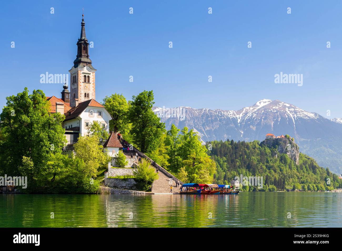 Blick auf die Bled Kirche und die Insel am Bleder See. Bled, Oberkarniola, Slowenien. Stockfoto