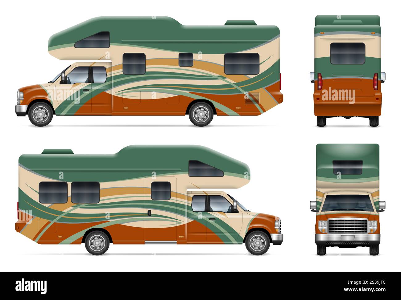 RV Wohnmobil Wrap Vektor Mockup auf weiß für Fahrzeug Branding, Corporate Identity. Blick von der Seite, von vorne und hinten Stock Vektor