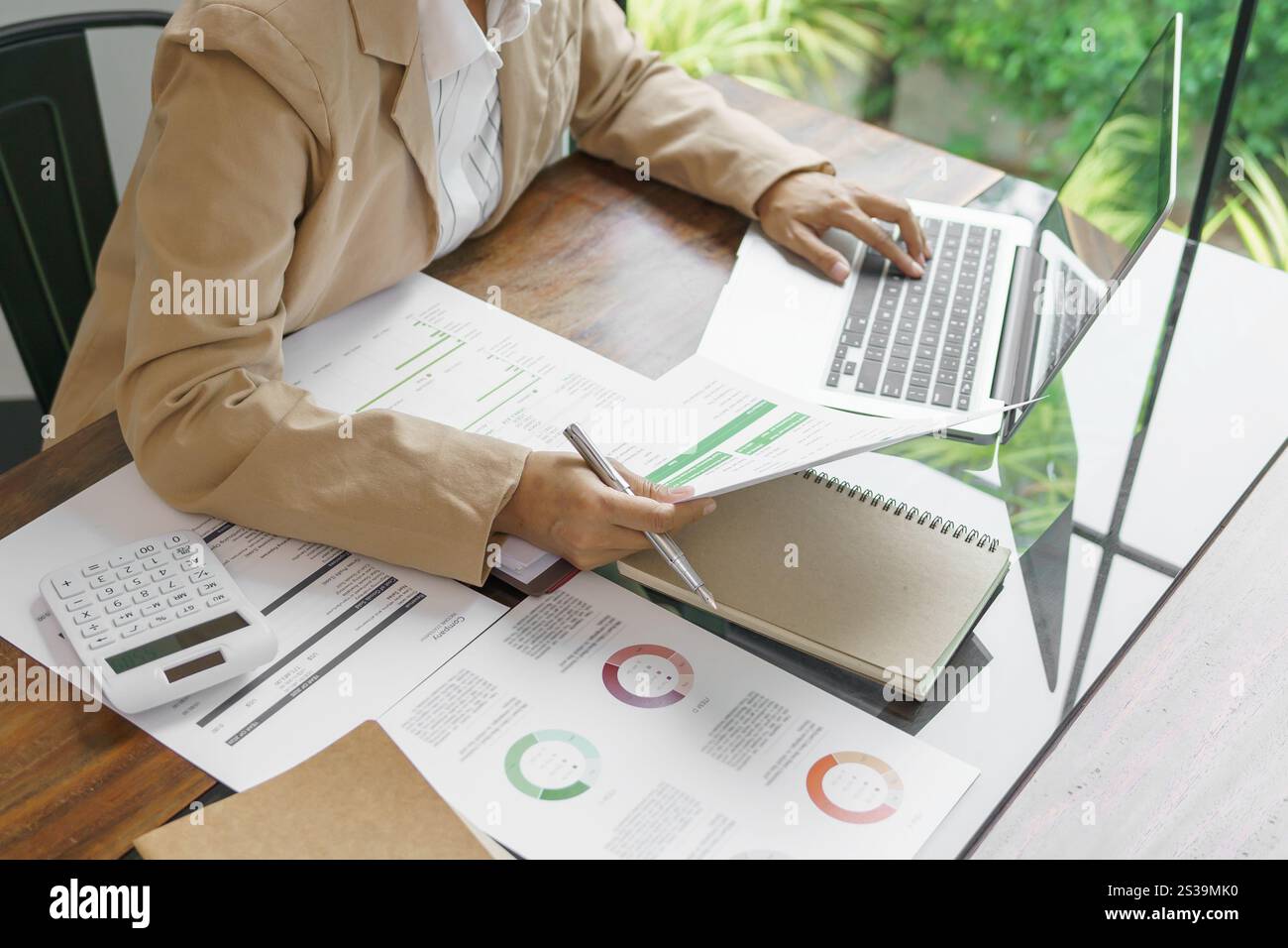 Geschäftsfrau arbeitet in grünem umweltfreundlichem modernen Arbeitsbereich kreative Ideen für Unternehmen umweltfreundliches professionelles Investor Startup Projekt Stockfoto