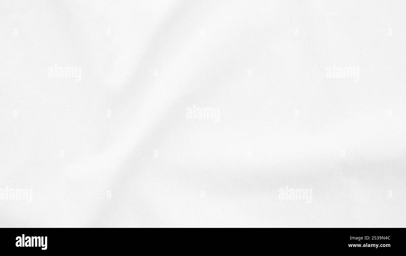 Bio-Gewebe Baumwolle Hintergrund Weiße LeinenLeinwand zerknittert natürliche Baumwolle Stoff natürliche handgemachte Leinen von oben Ansicht Hintergrund organische Öko Textilien Stockfoto