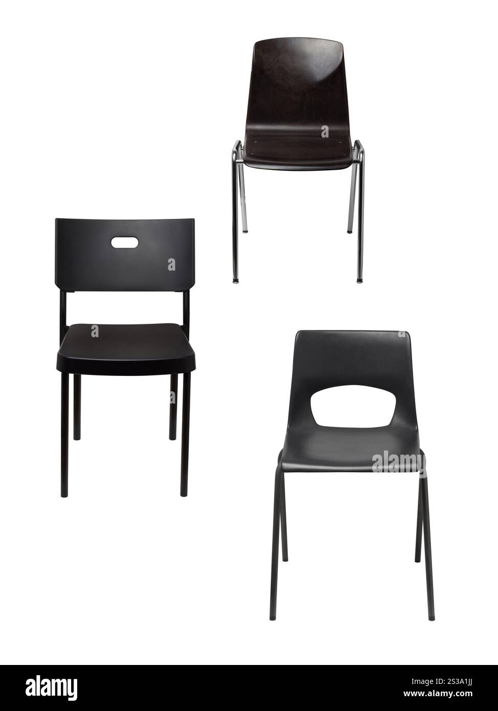Schwarze Stühle, isoliert auf weißem Hintergrund. Schwarze Stühle isoliert Stockfoto