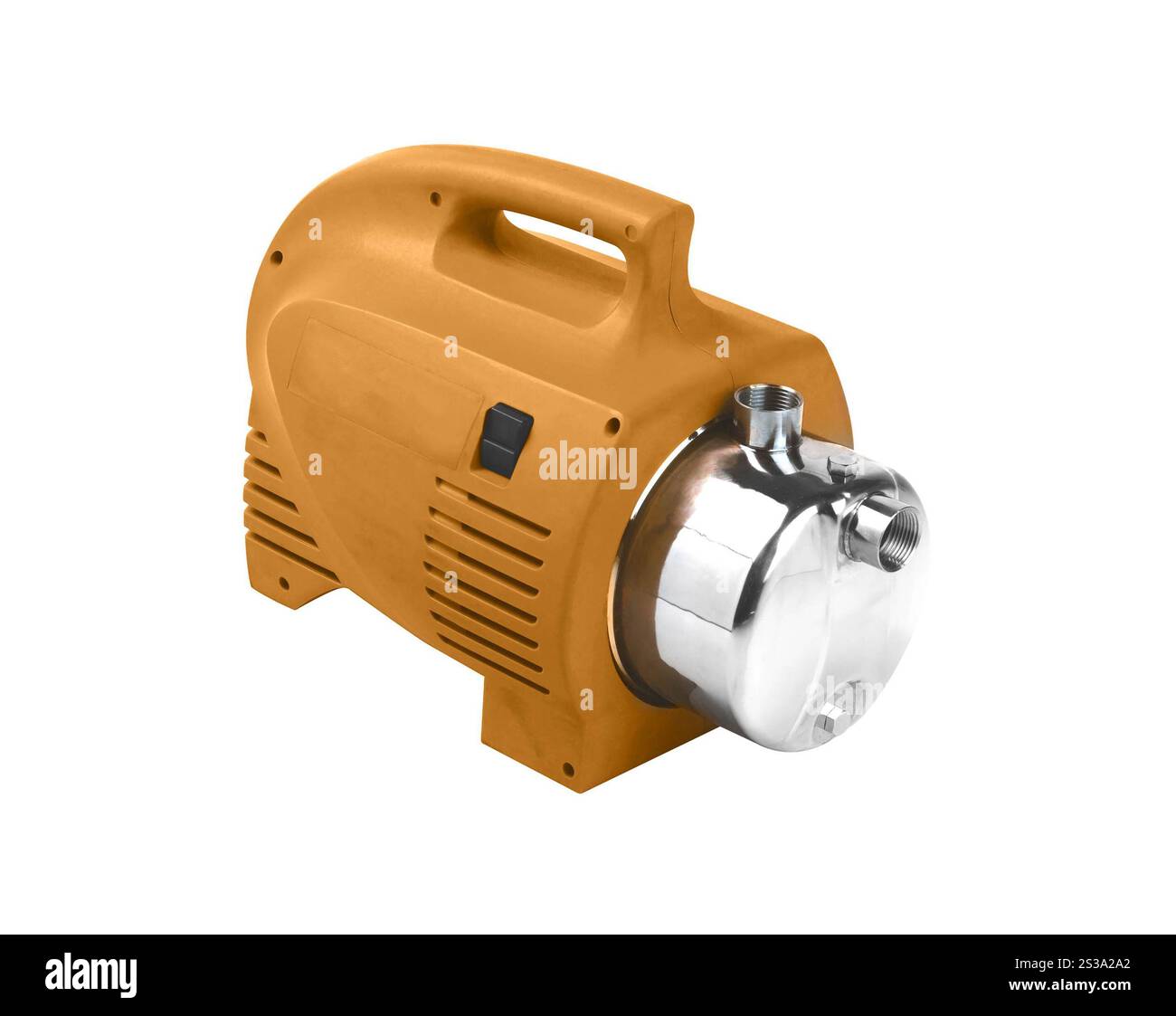 Pumpe mit einem Elektromotor der Farbe ruge isoliert auf weißem Hintergrund. Pumpe mit einem Elektromotor der Farbe ruge Stockfoto