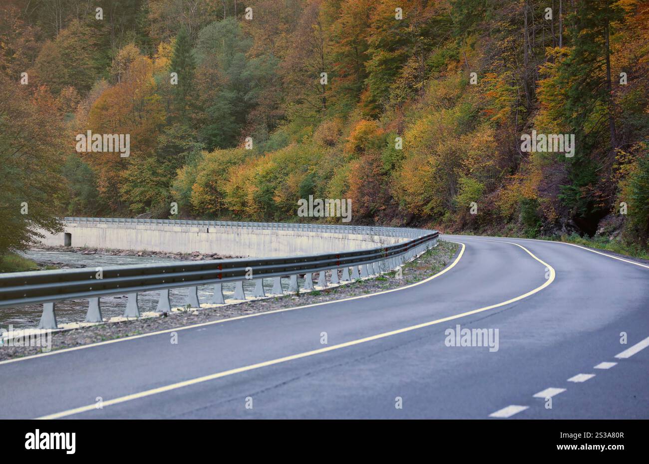 Straße im Herbstwald bei Sonnenuntergang in Karpaten, Ukraine. Wunderschöne Bergstraße mit orangefarbenem Tress und hohen Felsen. Querformat mit leer Stockfoto