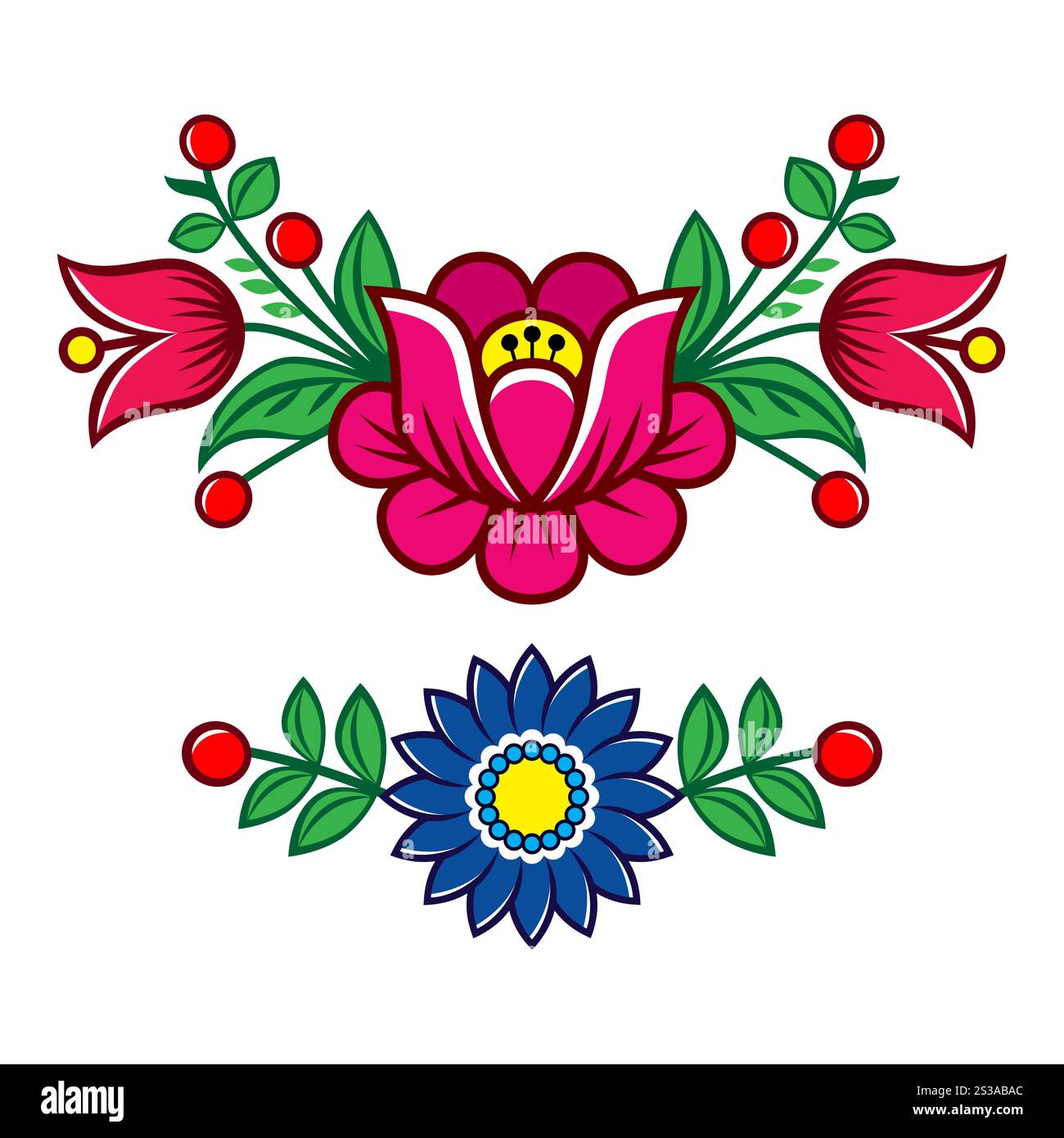 Polnische Volkskunst von Zalipie Vektor Blumen lange Muster Set - Muster mit Blumen und Blättern Stock Vektor