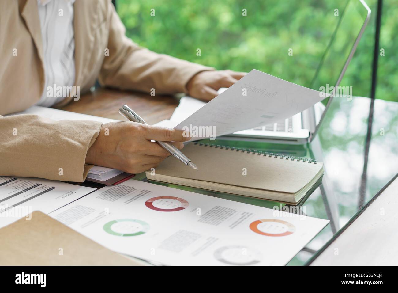 Geschäftsfrau arbeitet in grünem umweltfreundlichem modernen Arbeitsbereich kreative Ideen für Unternehmen umweltfreundliches professionelles Investor Startup Projekt Stockfoto