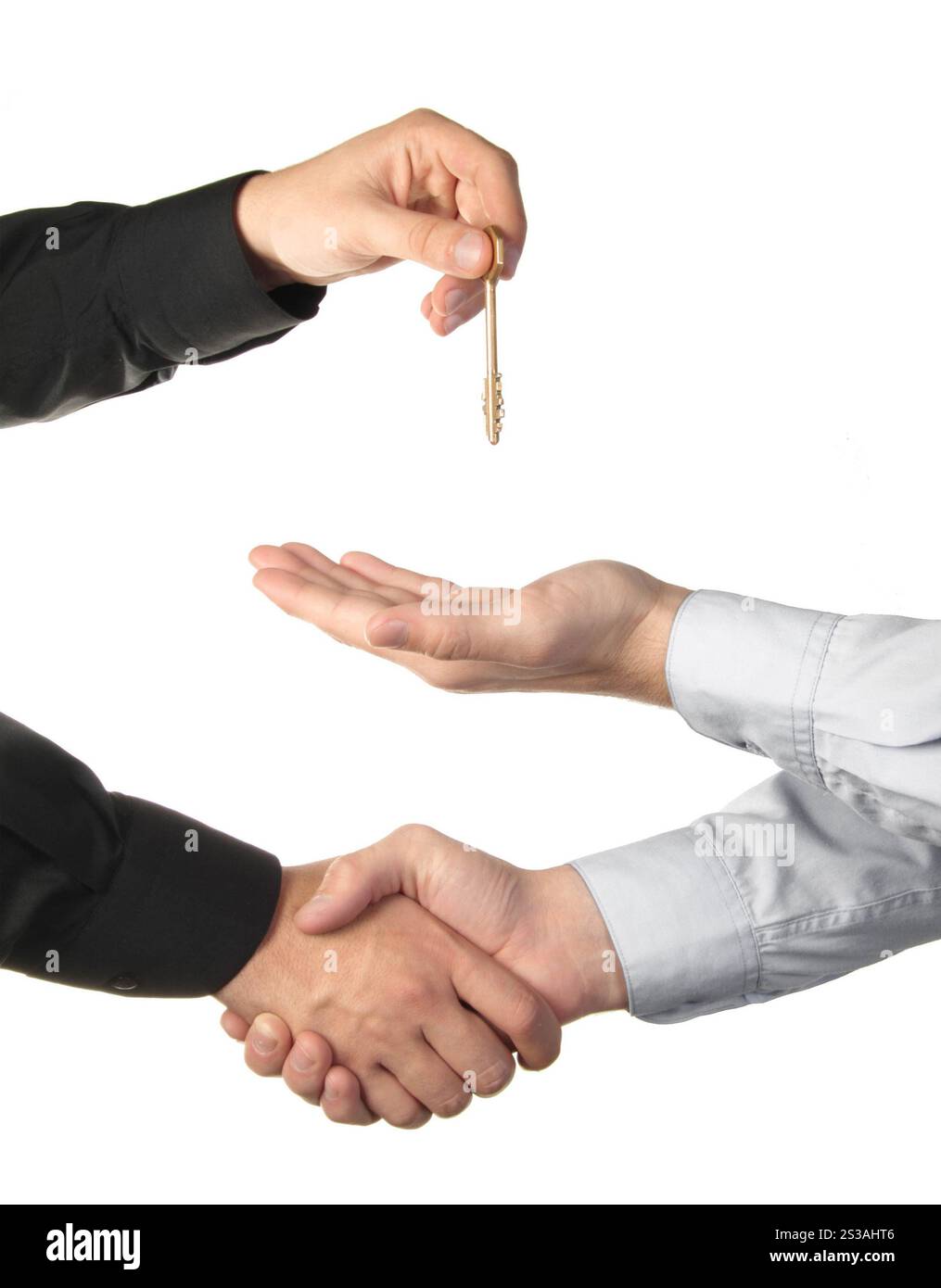 Erfolgreicher Schlüsselhandel isoliert auf weißem Hintergrund. Erfolgreicher Schlüsselhandel Stockfoto