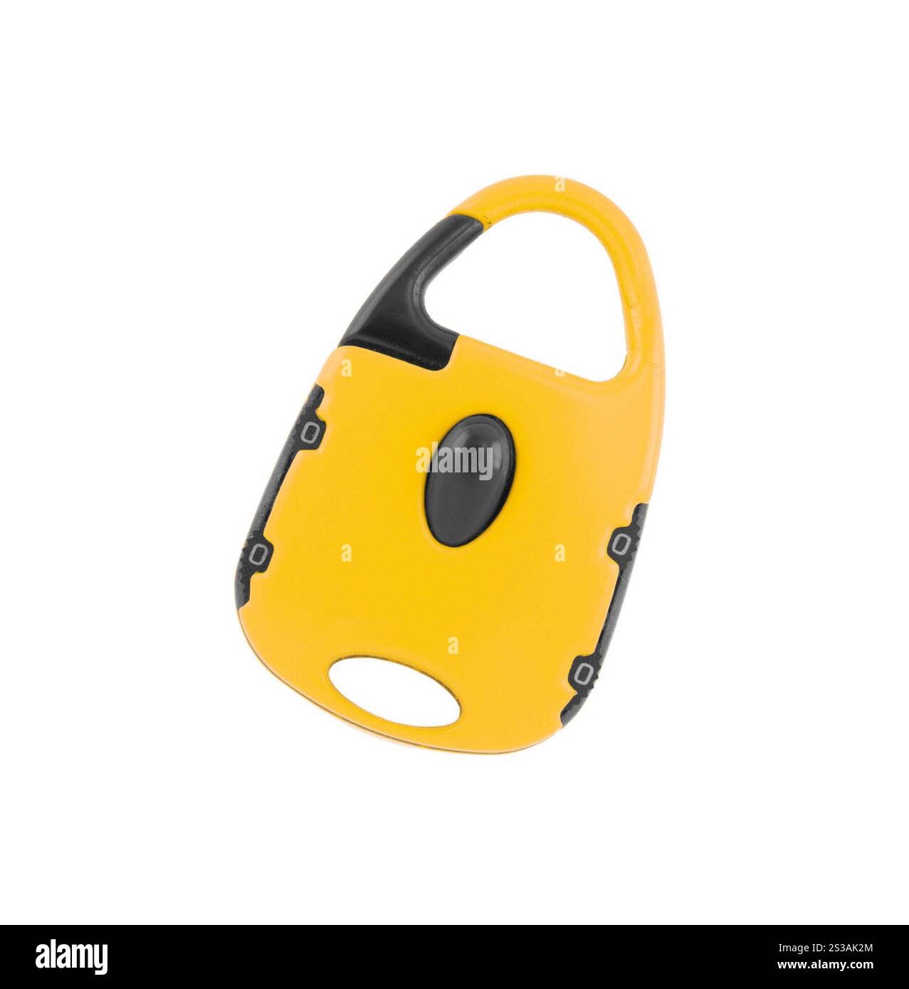 Orangefarbenes Schloss für Beutel isoliert auf weißem Hintergrund. Orangefarbenes Schloss für Tasche Stockfoto