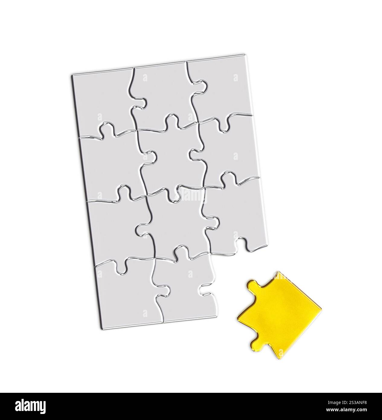 goldenes Puzzleteil, das über dem letzten offenen Raum eines weißen Puzzlemusters schwebt. Puzzle mit einem fehlenden goldenen Stück zu vervollständigen Stockfoto