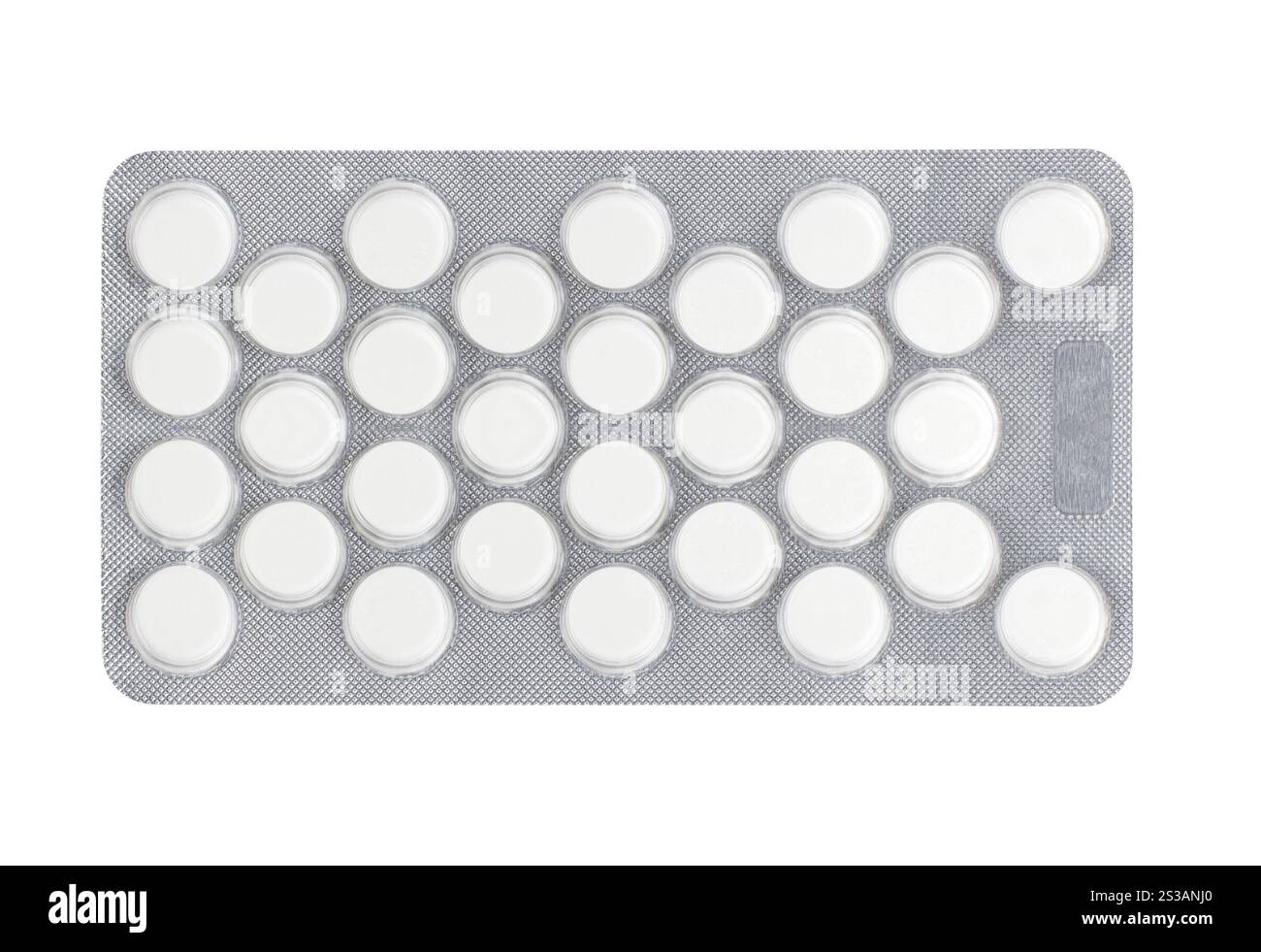 Packung medizinische Pillen isoliert auf weißem Hintergrund. Packung von medizinischen Pillen isoliert Stockfoto