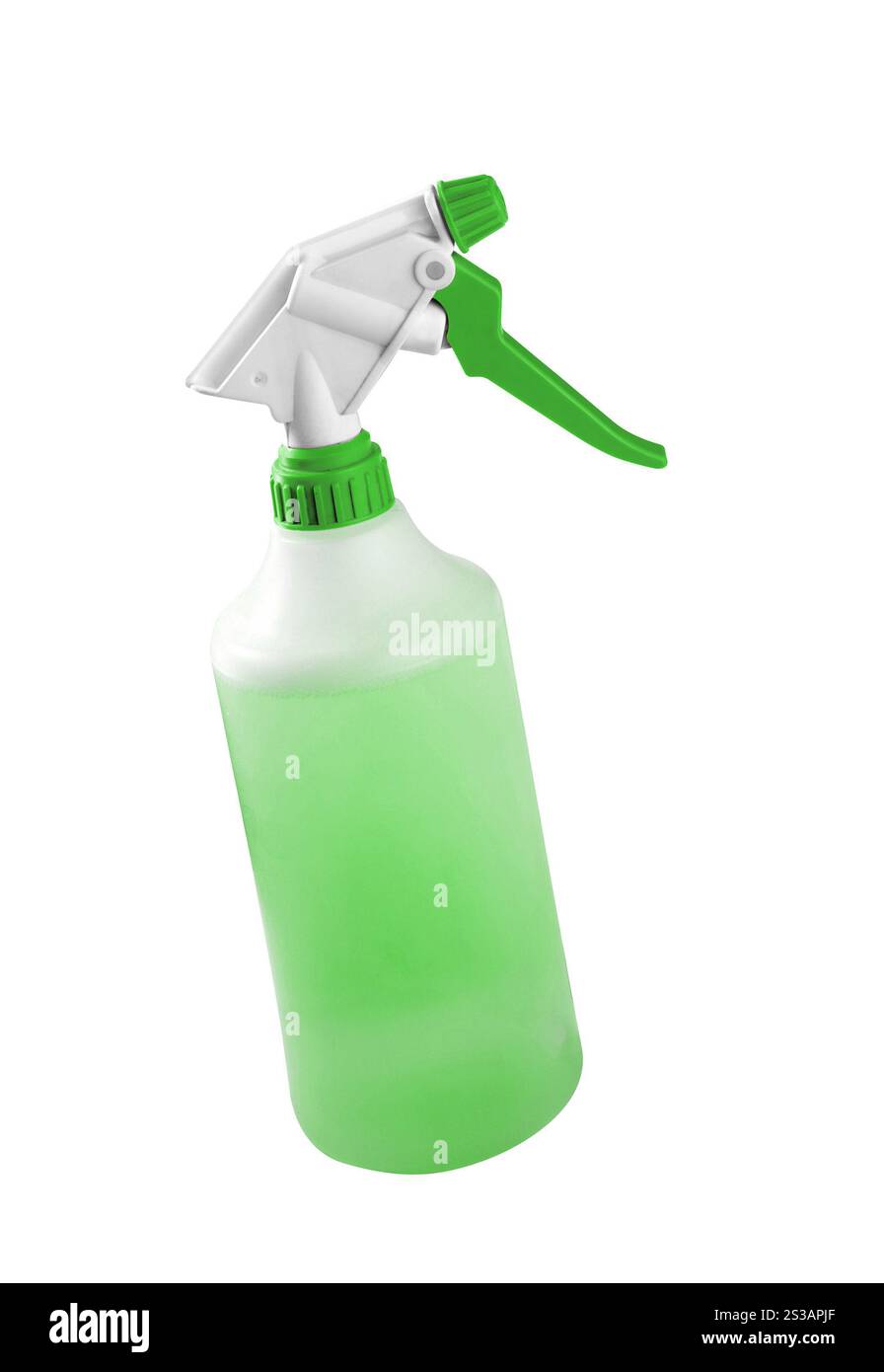 Sprühflasche mit leerem Etikett isoliert auf einem weißen. Sprühflasche mit leerem Etikett Stockfoto