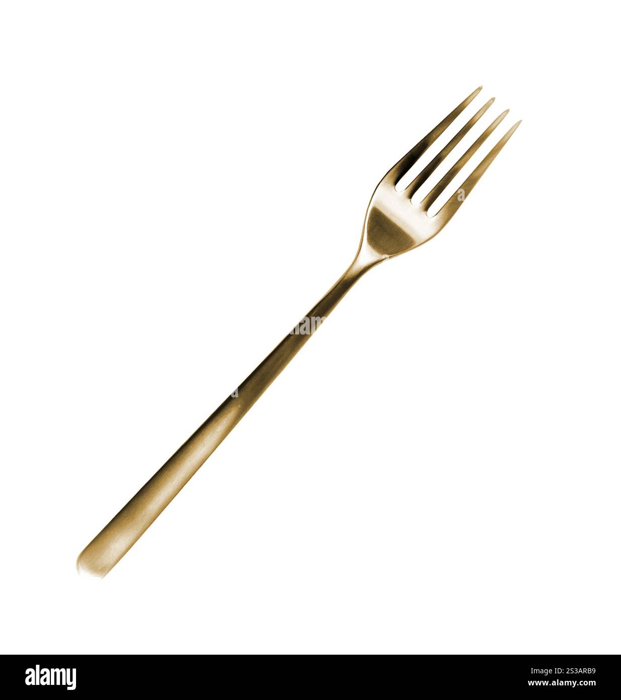 Goldene Gabel isoliert auf weißem Hintergrund. Golden Fork isoliert Stockfoto