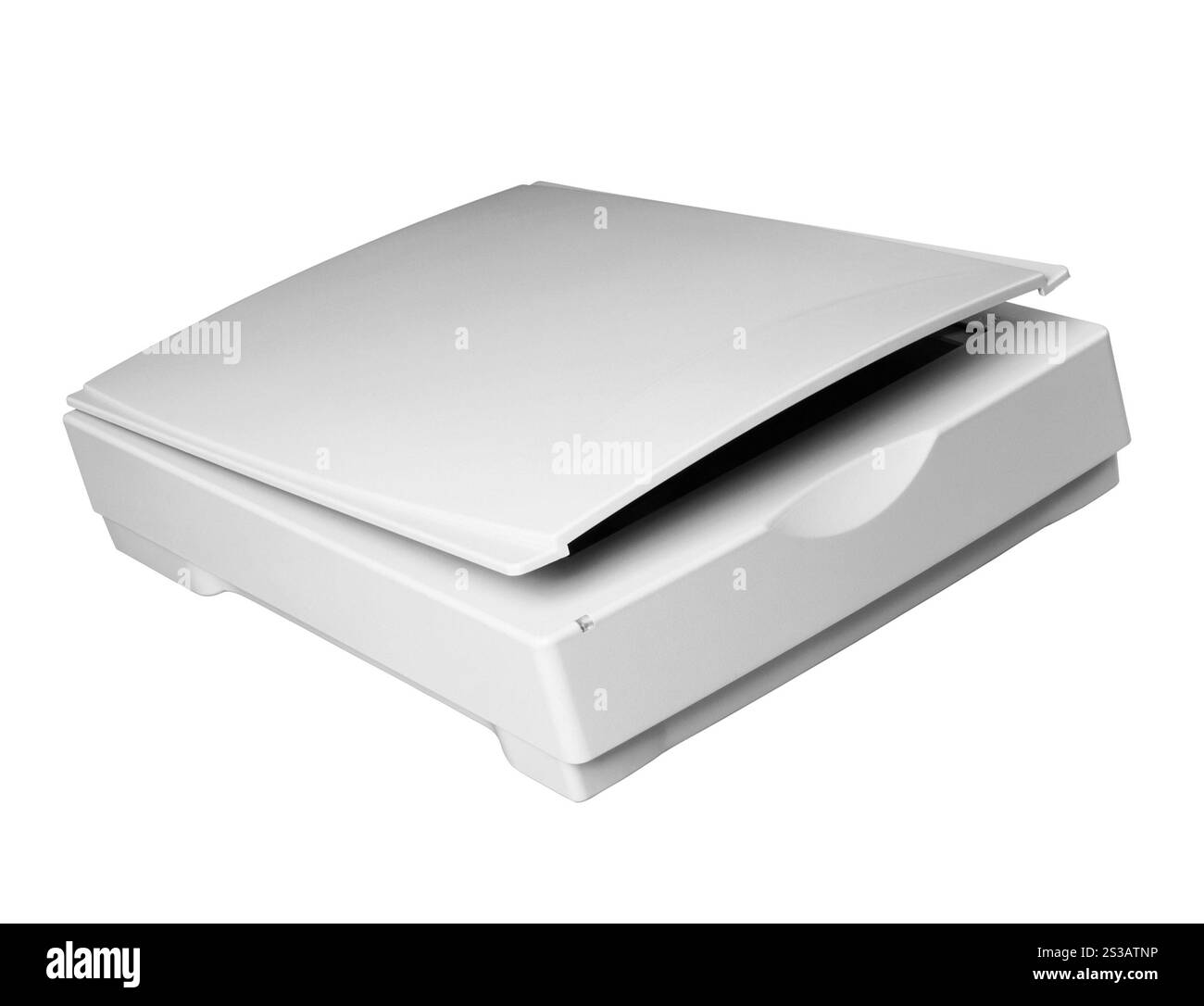 Nahaufnahme des weißen Scanners isoliert auf weißem Hintergrund. Nahaufnahme des weißen Scanners Stockfoto